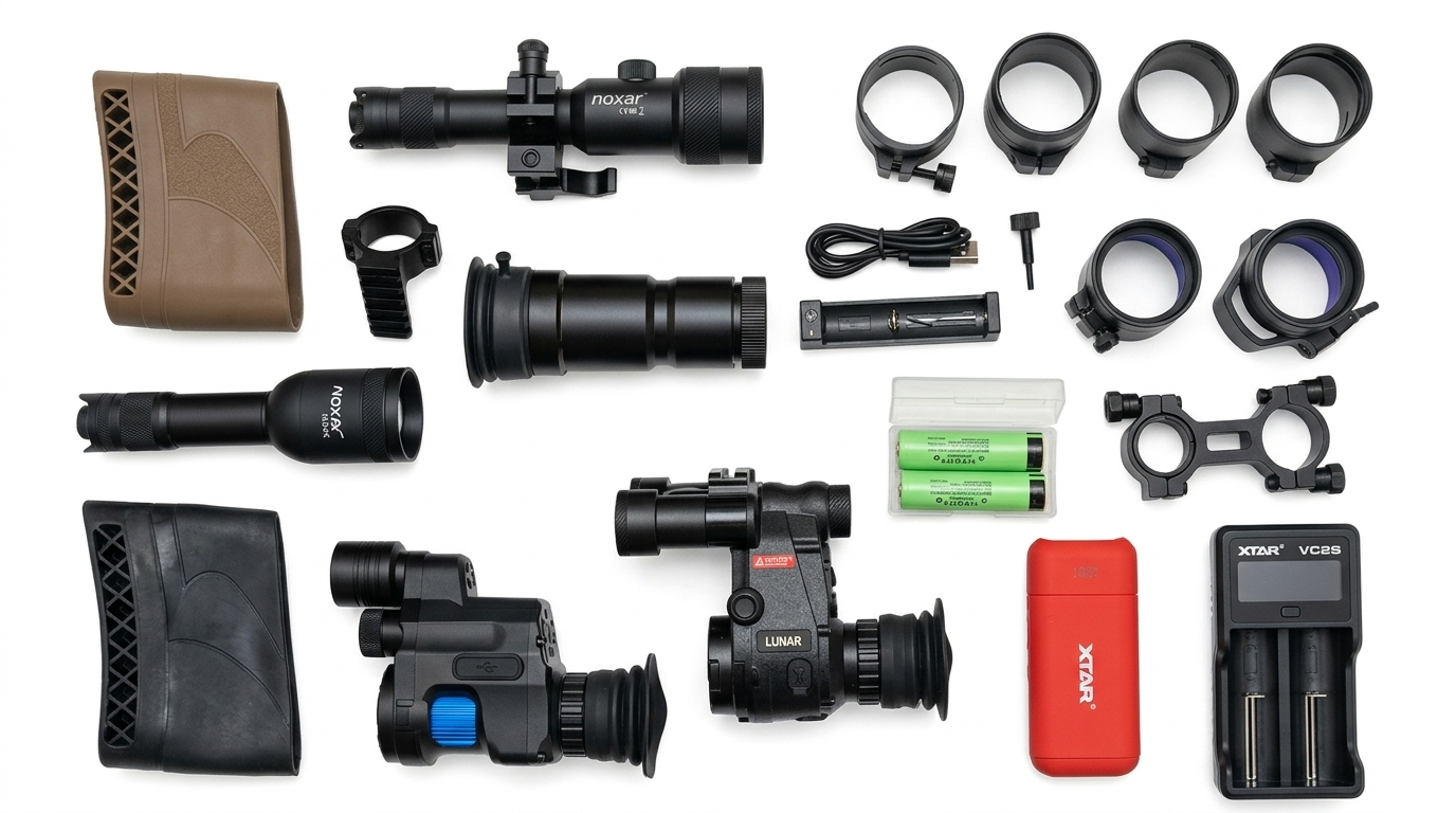 Nachtsichtgeräte, Adapter, IR-Zubehör und Akkutechnik für jagdliche Nachtsichttechnik bei aufgehtsfreun.de auf weißem Hintergrund