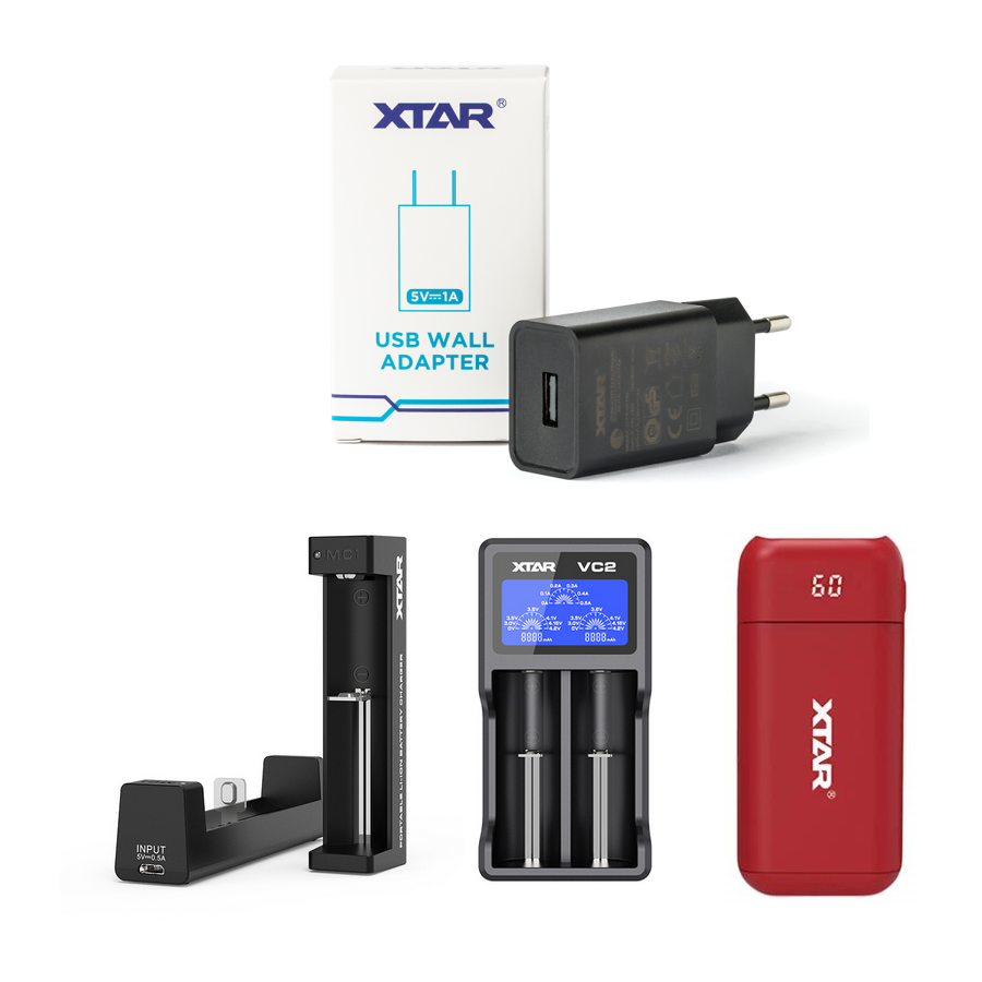 XTAR Ladegeräte MC1, VC2, PB2 und USB Wall-Adapter für Li-Ion-Akkus
